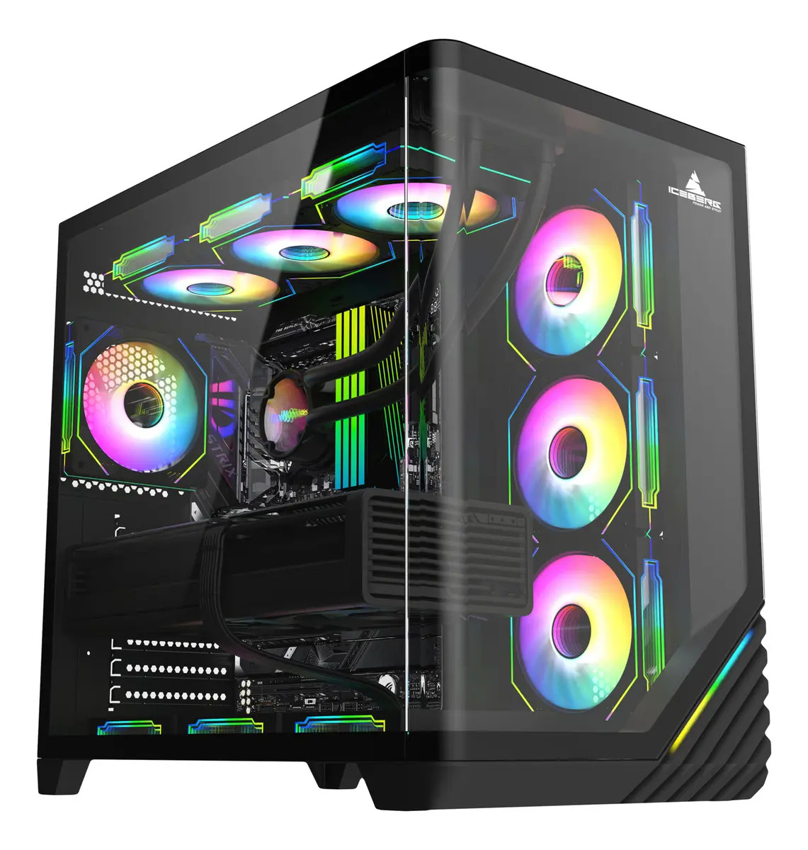 Caja Atx Cubo Iceberg Crystal Wave L Negro Gamer Con 7 Fans
